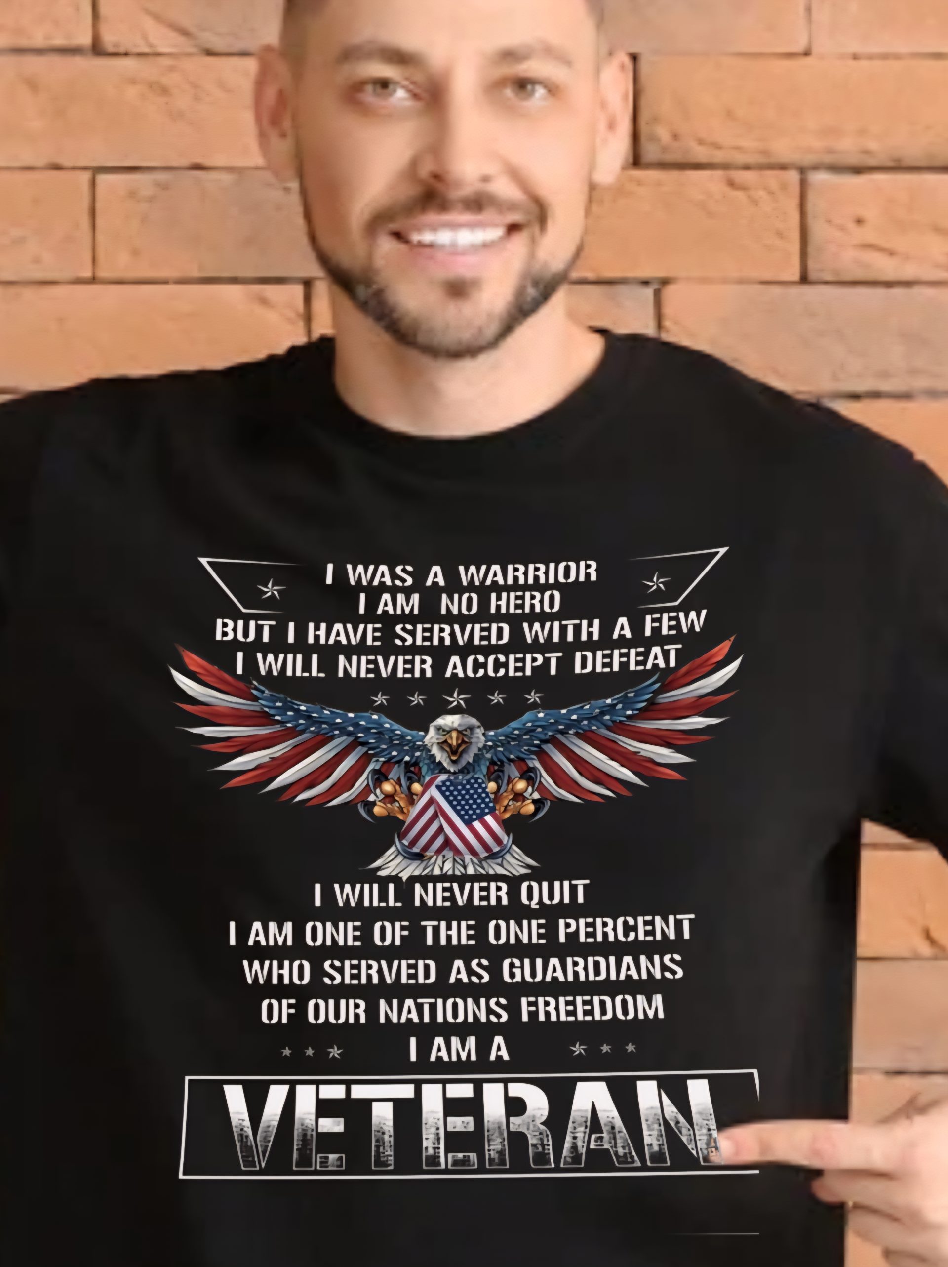 Man in veteran-themed shirt
